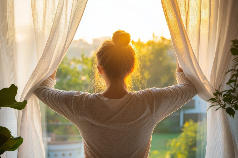 Image shows a woman looking out of a window