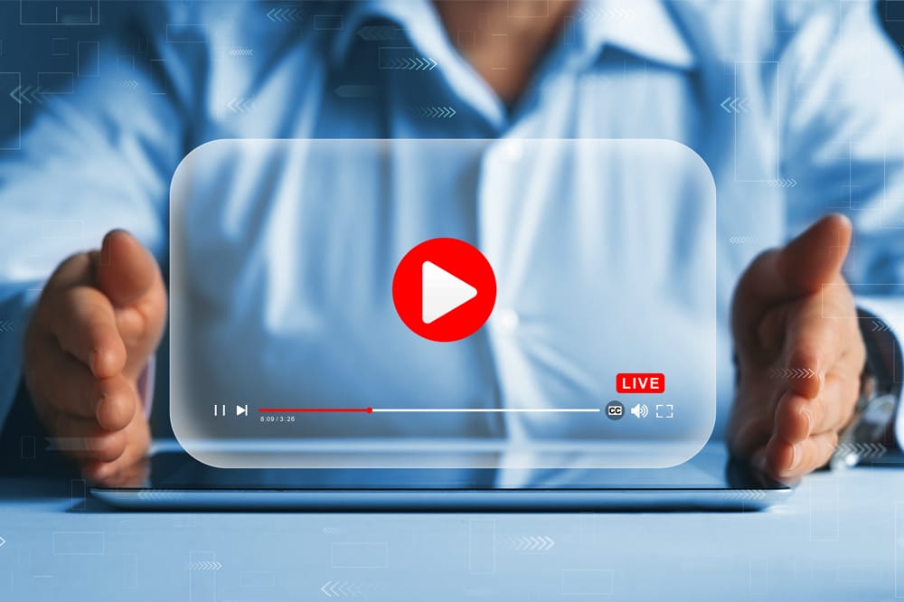 Graphic showing person in front of transparent screen with YouTube logo
