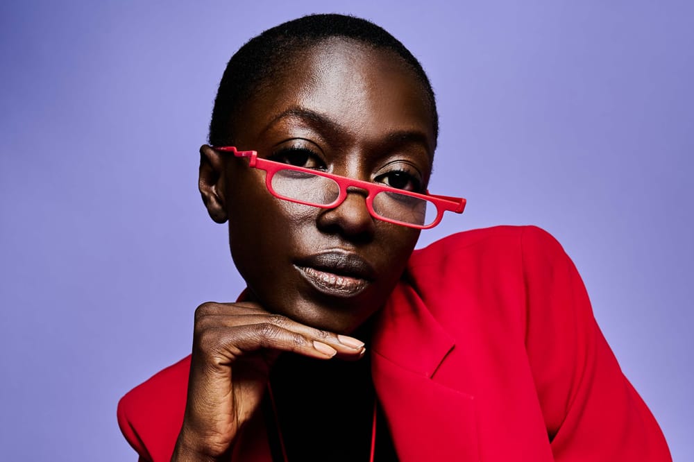 woman wearing red read on frames
