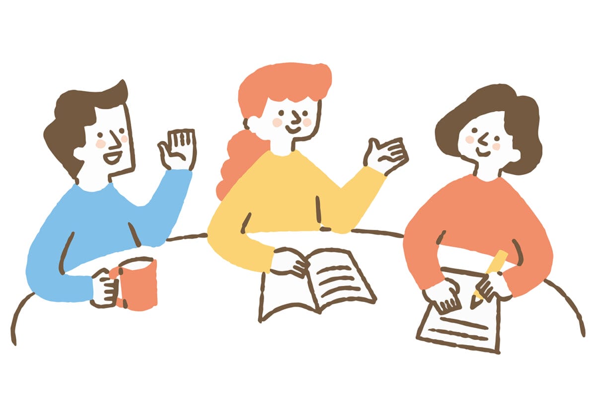 Graphic showing three people collaborating.