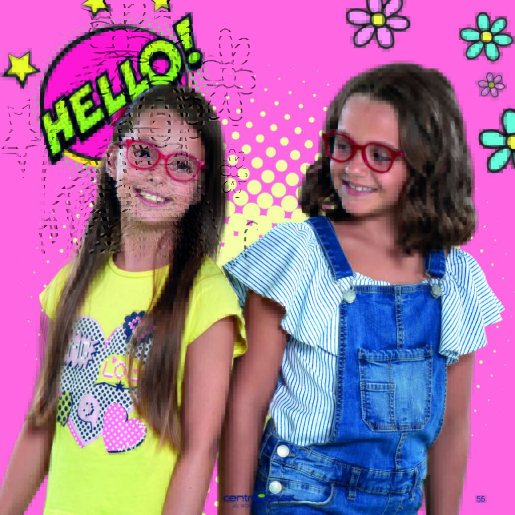 Two girls in Aviva Centrostyle frames against colourful background. 