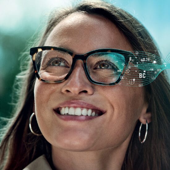 woman wearing glasses with B.I.G. Exact Sensitive lenses