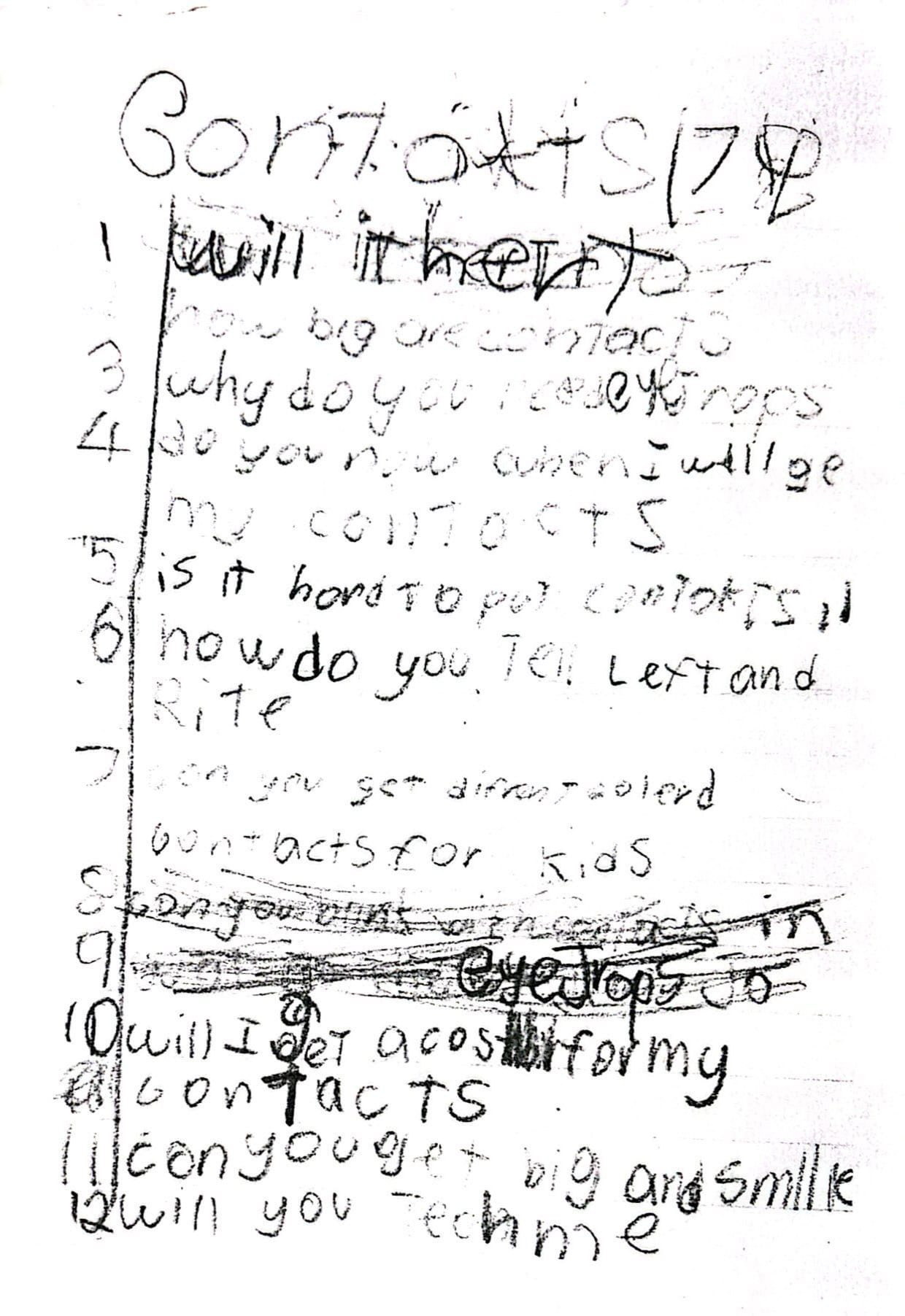 Image shows A letter Abbie wrote in 2002 age seven, to her optometrist, Tony Phillips, asking all the questions she had about getting her first rigid gas permeable contact lenses.