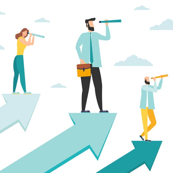 graphic of three people standing on arrows using eye pieces signifying a business leader