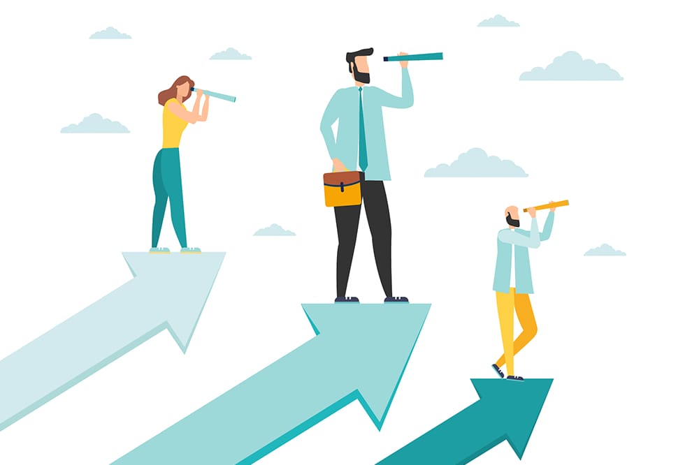 graphic of three people standing on arrows using eye pieces signifying a business leader