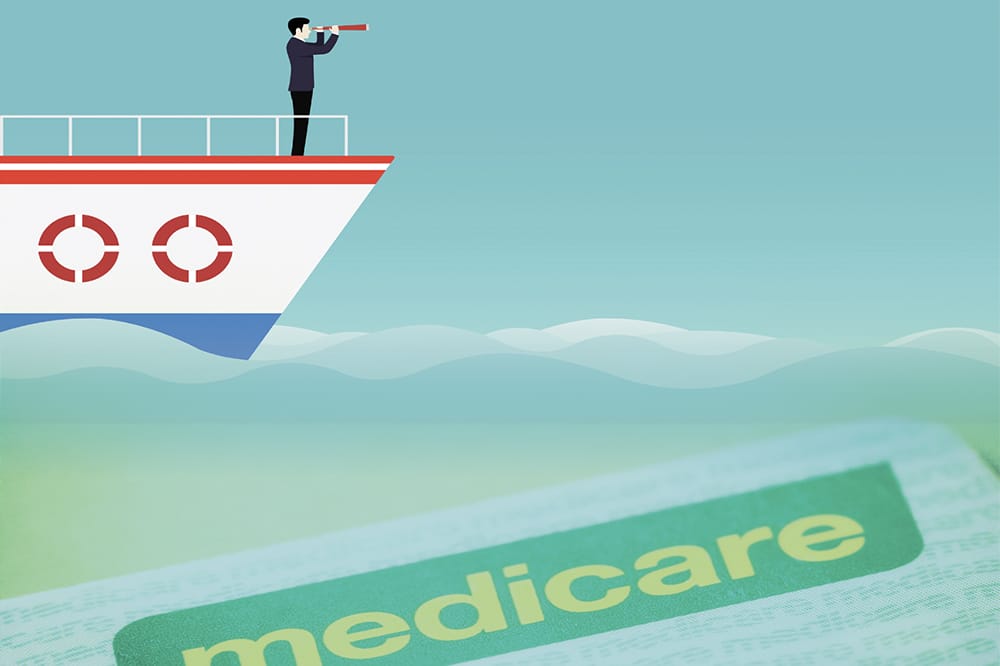 Image is a graphic of a man on a boat looking on a telescoope, with a medicare card underneath to depict concept of medicare rebates