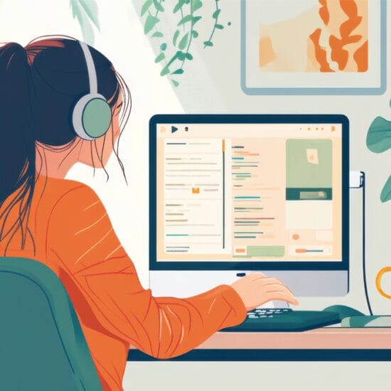 Graphic of a woman sitting at computer with headphones podcasting