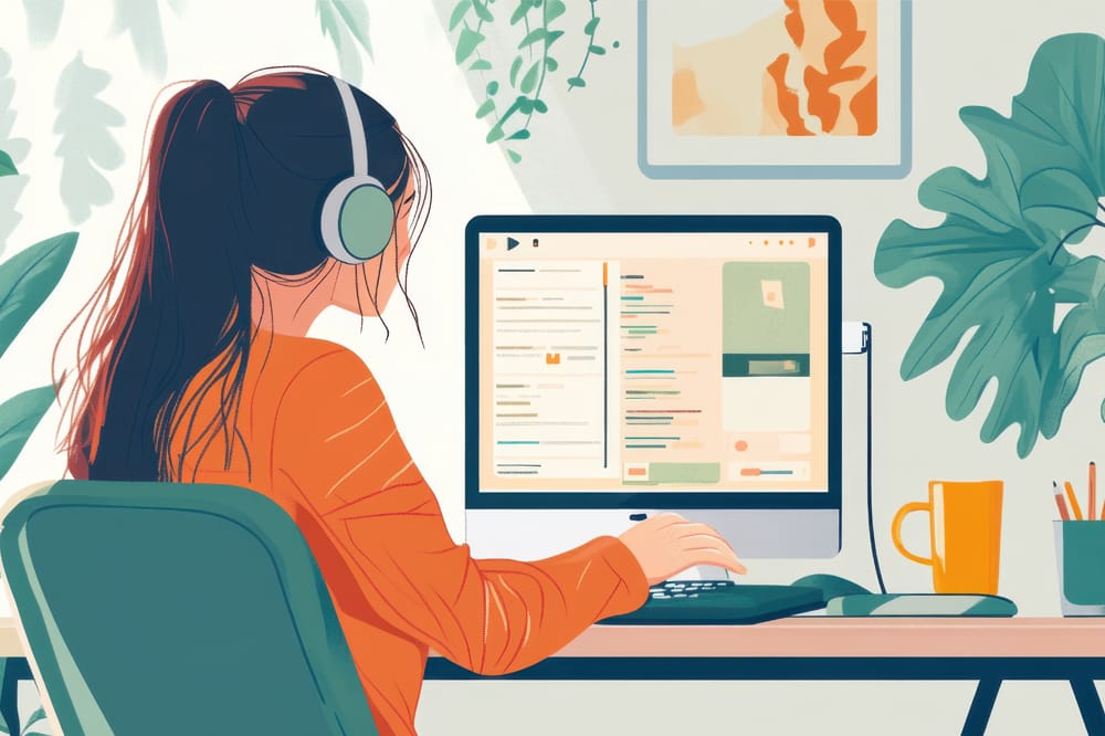 Graphic of a woman sitting at computer with headphones podcasting