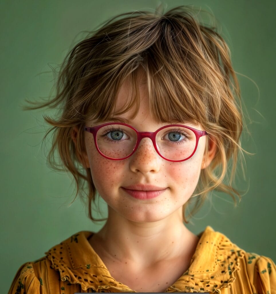 child wearing stepper start glasses against green background. 