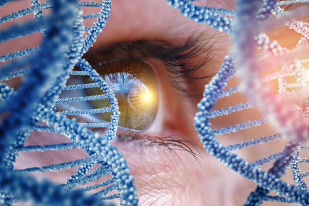 Image shows eye surrounded by DNA molecules