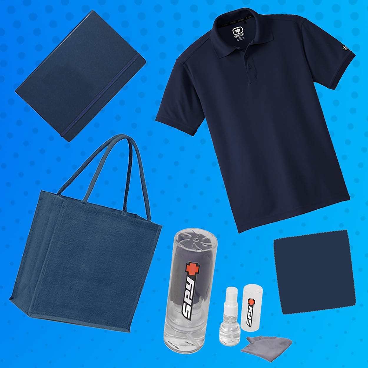 Image shows some of the optical accessories provided by ACME Group, including bags and tshirts and lens cleaners.
