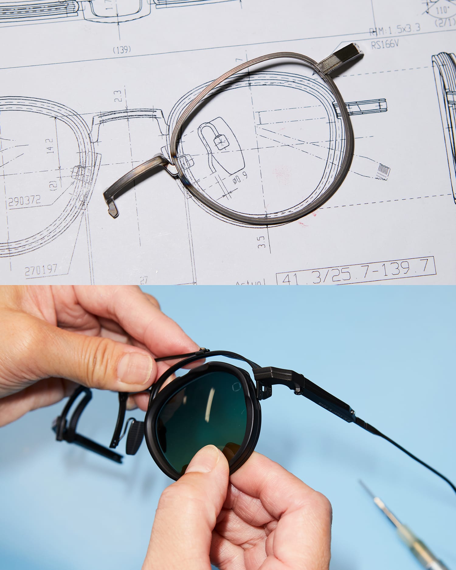 Akoni eyewear being made against drawn design