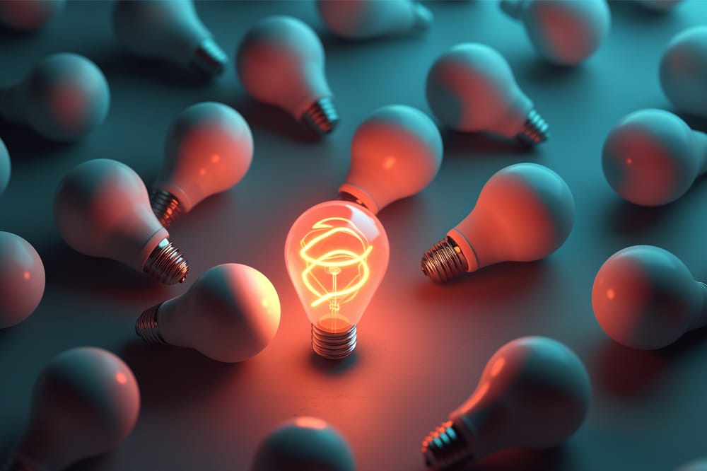Single light globe that is lit surrounded by unlit lightbulbs to illustrate practice differentiation