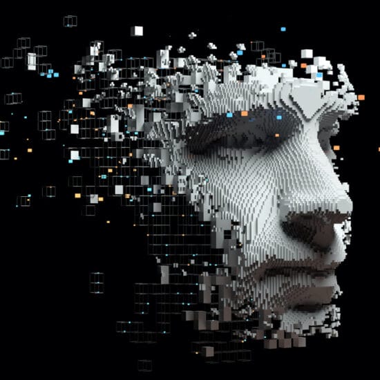Computer generated image of face, to signify AI in optometry