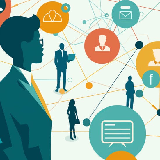 Graphic showing people and concepts that are all interconnected to illustrate the concept of LinkedIn