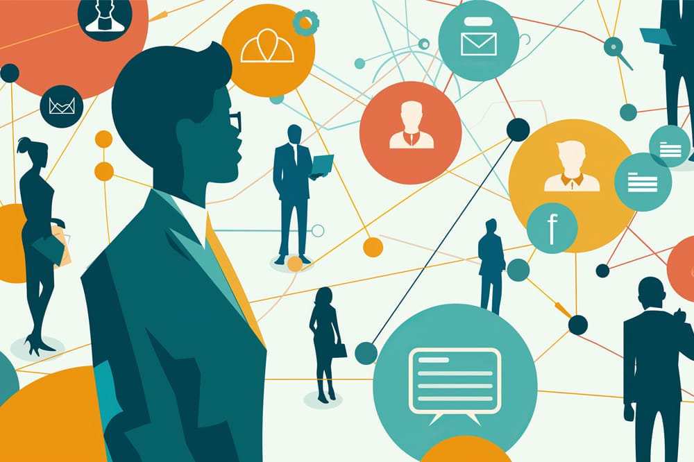 Graphic showing people and concepts that are all interconnected to illustrate the concept of LinkedIn