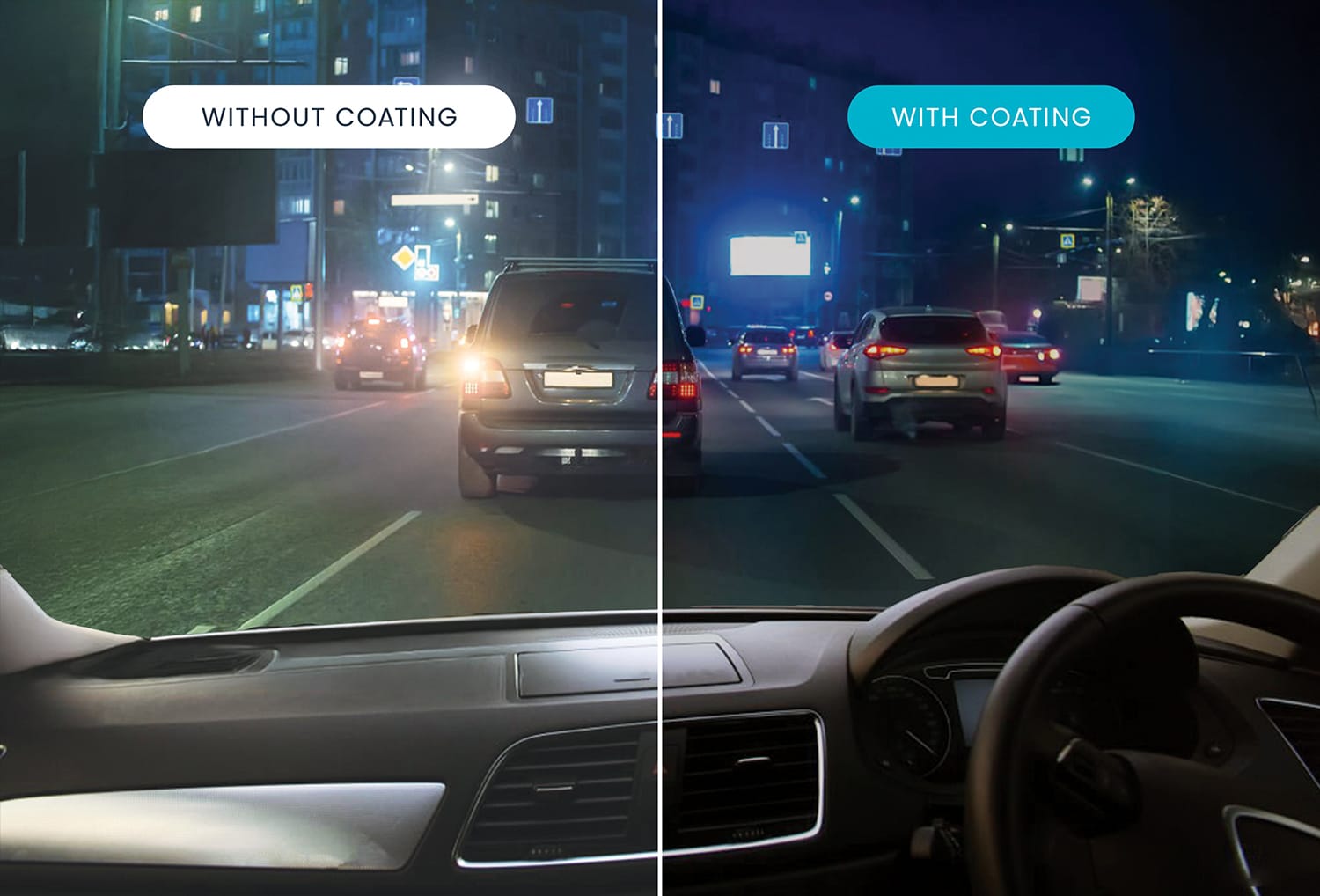 split view of point of view of person driving, showing benefits of lens coatings with Skeye Plus by Opticare