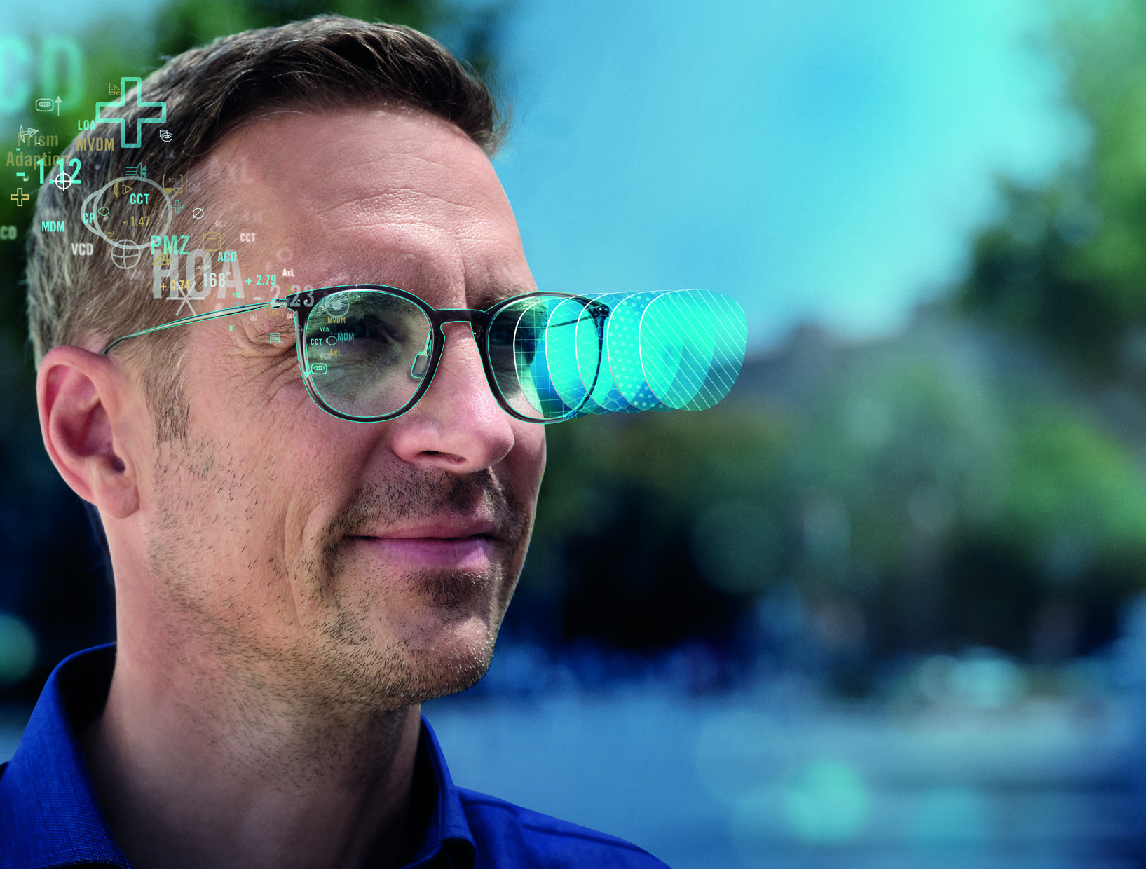 Man wearing glasses with graphic demonstrating Rodenstock Layr X-tra Clean lens coatings