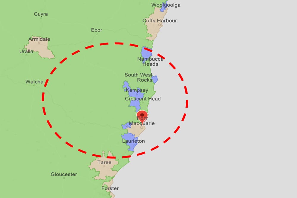 Map showing area of study around Port Macquarie, NSW, used in a study on glaucoma in rural Australia.
