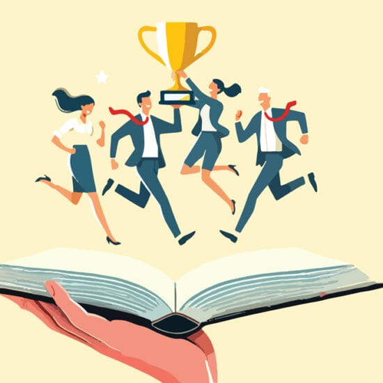 Graphic of hand holding an open book. There are figures on top of the book in business clothing holding a trophy, illustrating concept of excellence in staff training culture