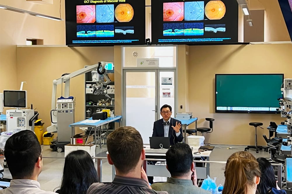 Professor Andrew Chang teaching at the Sydney Eye Hospital's Eye Schools, training ophthalmic surgeons.
