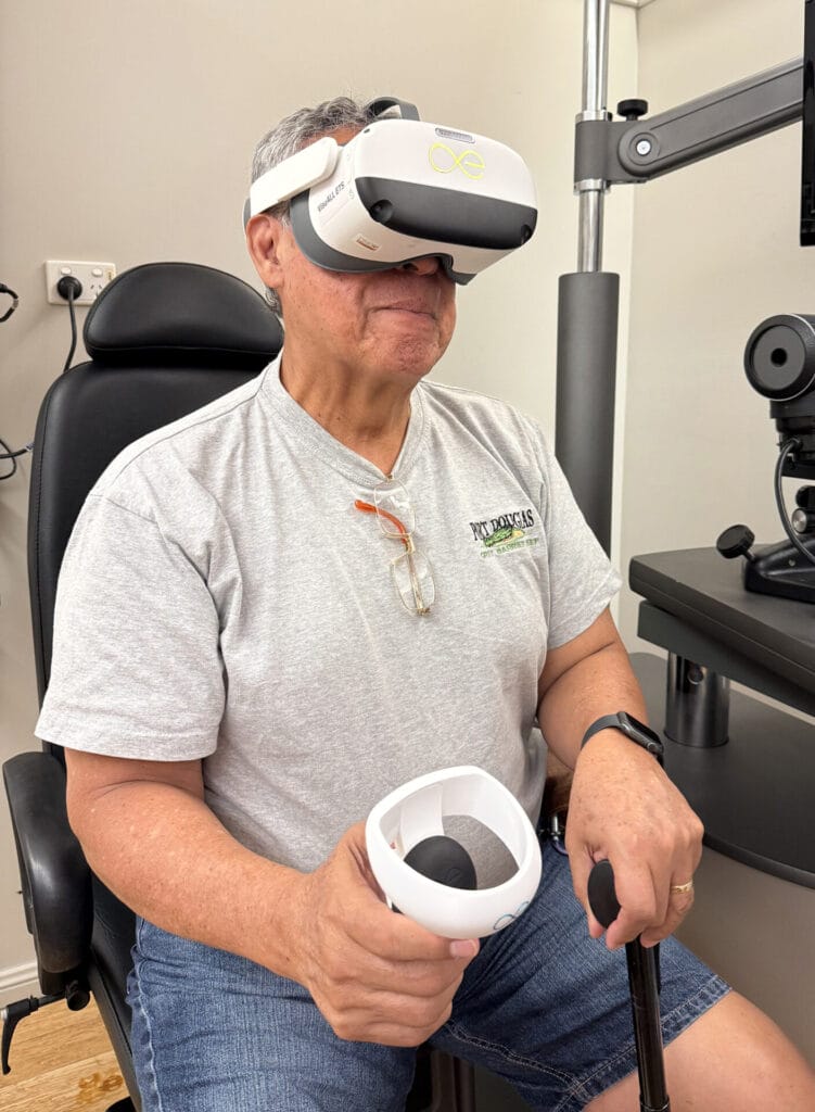 A patient doing a visual field with the VR headset.