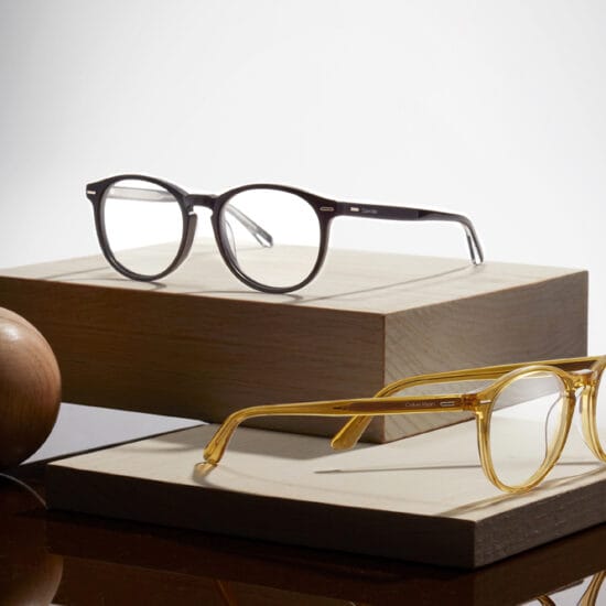 Marchon package deal showing two glasses on blocks of wood