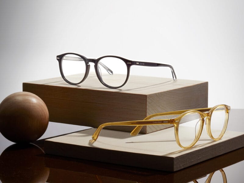 Marchon package deal showing two glasses on blocks of wood
