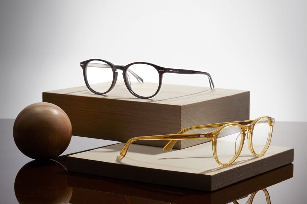 Marchon package deal showing two glasses on blocks of wood