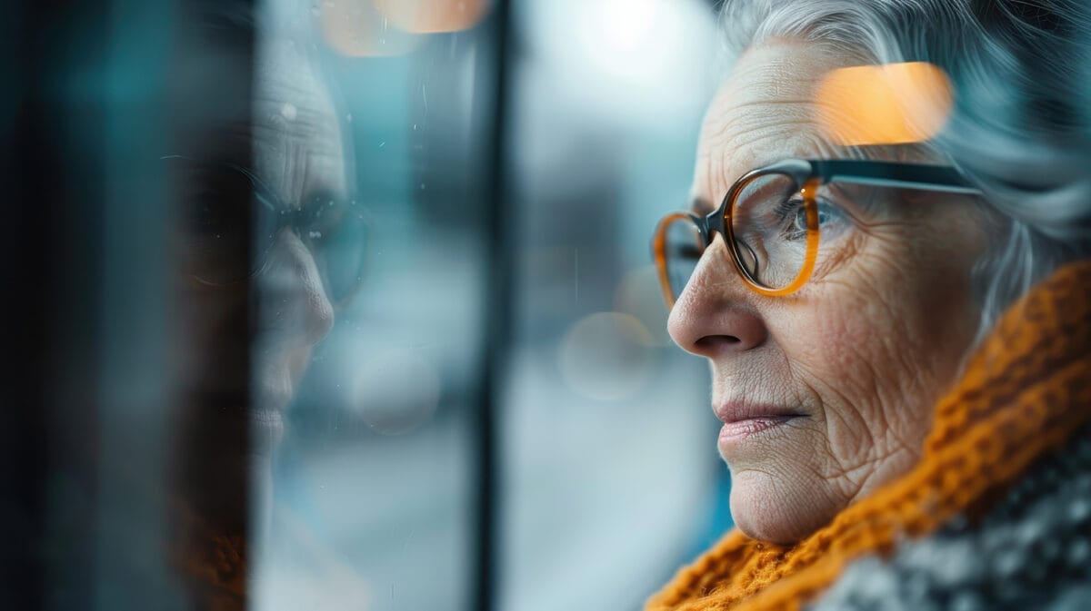 Woman in glasses looking pensively out the window to depict impact of loss of licence