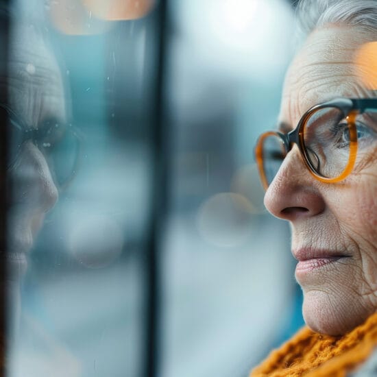 Woman in glasses looking pensively out the window to depict impact of loss of licence