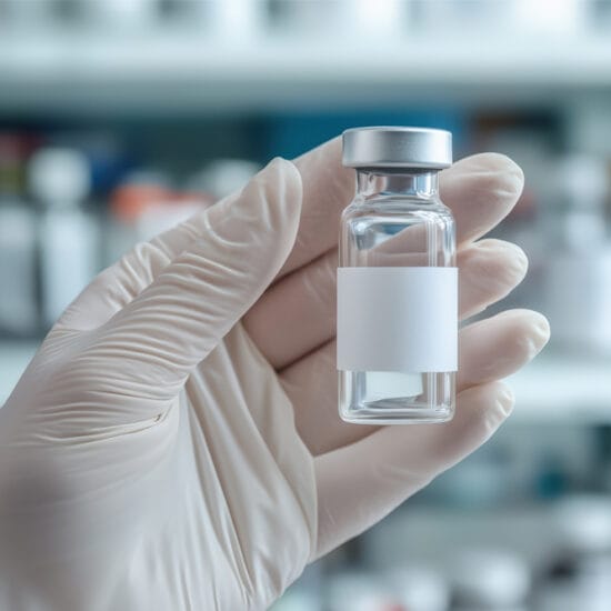 gloved hand holding vial of medication to treat Retinal vein occlusion.