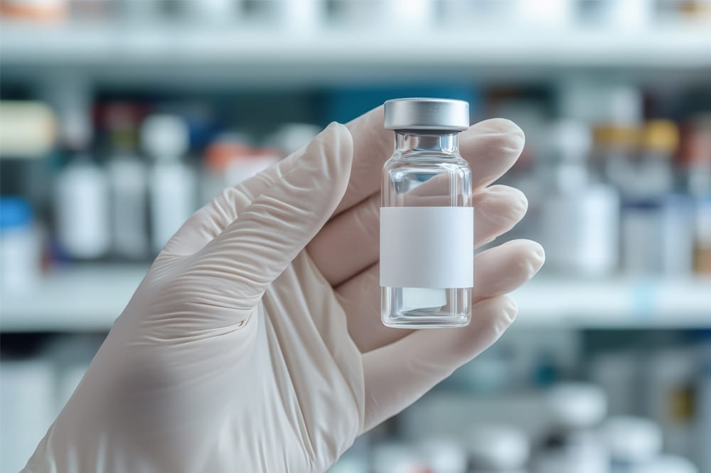 gloved hand holding vial of medication to treat Retinal vein occlusion.