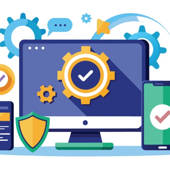 Image of computer and mobile phone with graphic devices indicating digital security