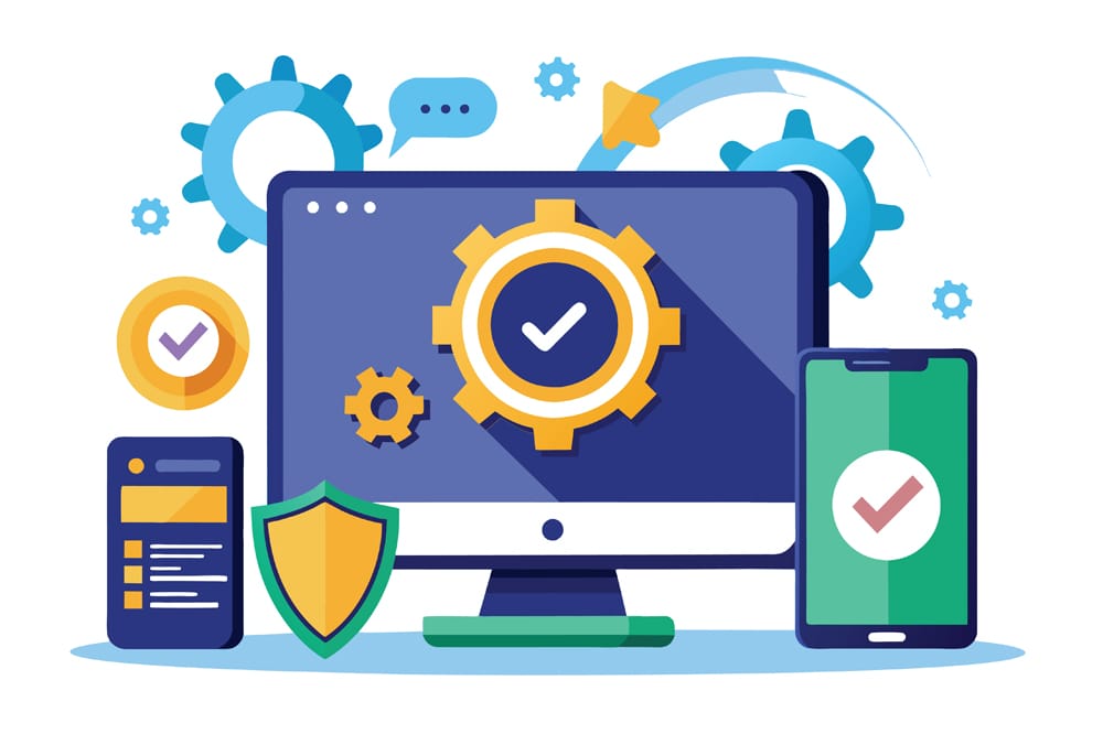 Image of computer and mobile phone with graphic devices indicating digital security