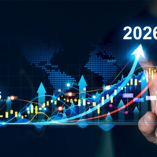 Graphic showing a stylised graph, pointing upward from 2025 to 2026, representing the financial year.