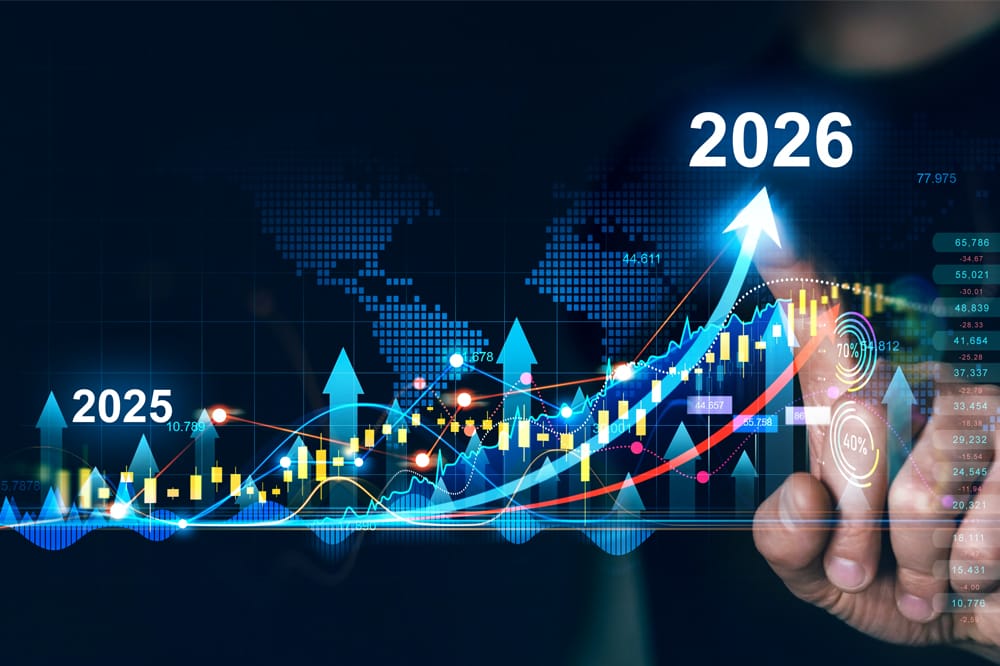 Graphic showing a stylised graph, pointing upward from 2025 to 2026, representing the financial year.