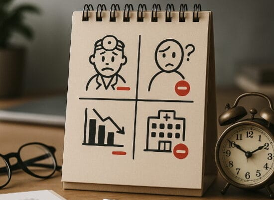 Image shows a desk calendar with four graphics representing problems of shorter consult hours