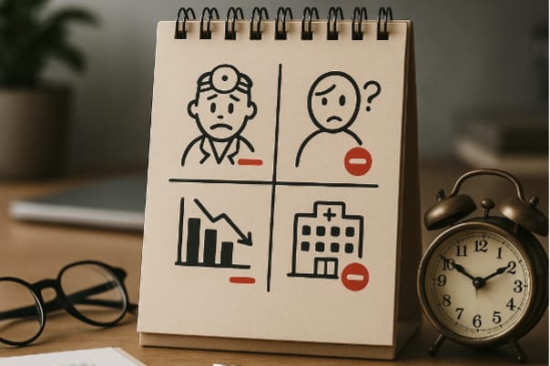 Image shows a desk calendar with four graphics representing problems of shorter consult hours