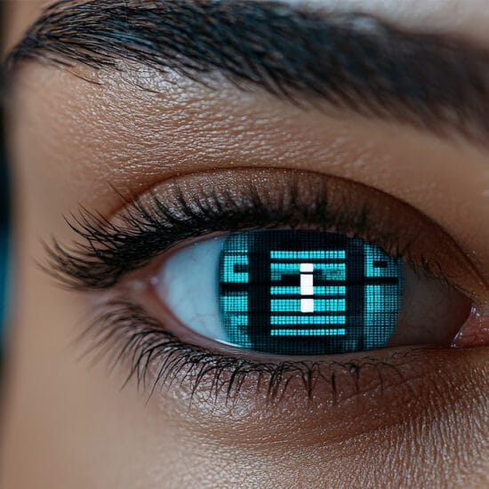 Image of an eye with alterations to the pupil to indicate frontiers in myopia