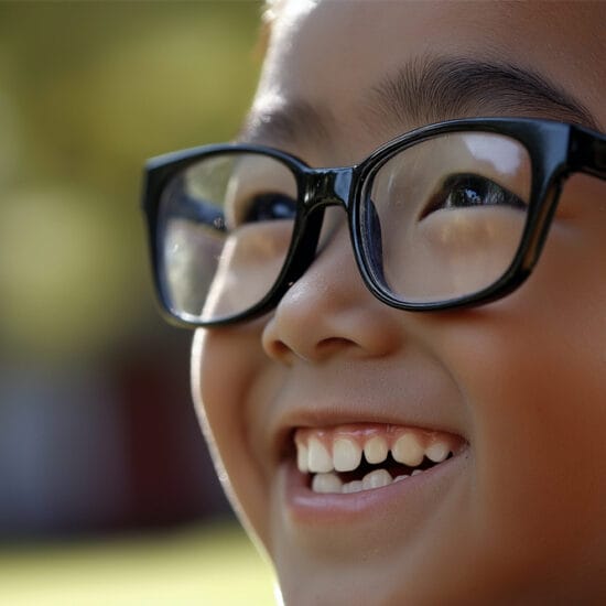 Child with myopia in glasses