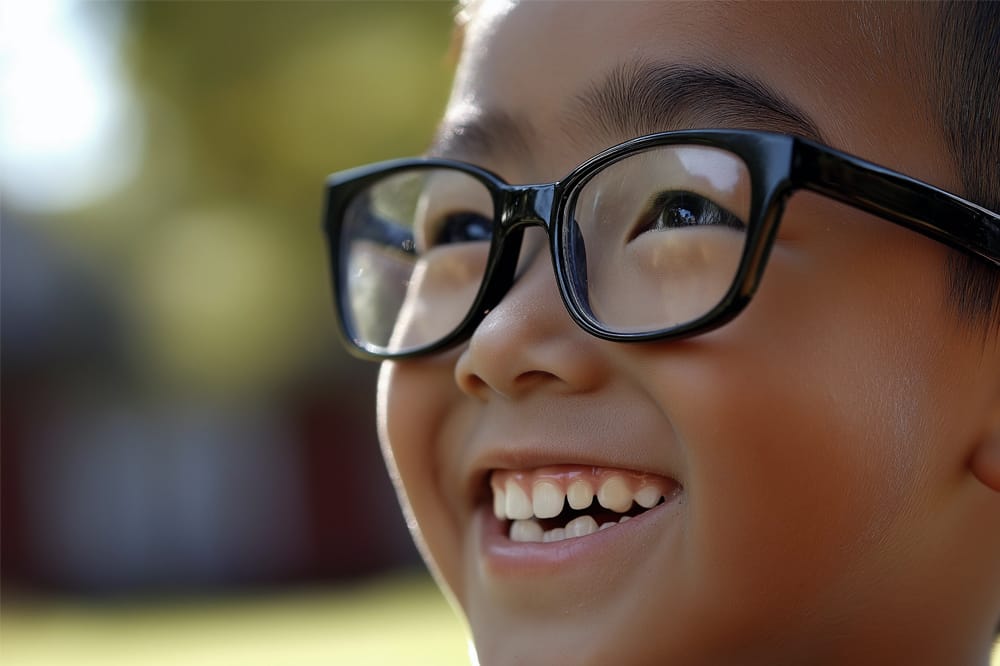 Child with myopia in glasses