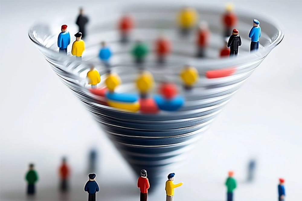 Graphic of figurines caught up in a whirlpool indicating marketing funnels