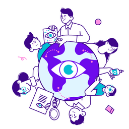 Animated picture of a globe and people within the eye care industry around it to represnet Myopia month.