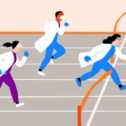 3 scientist racing each other. one crossing the finish line. This represents the Ophtha Innovation Challenge for 2025 relateing to the innovation grant targeting retinal care.