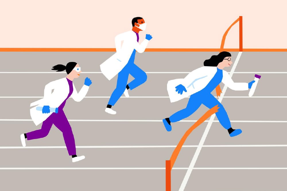 3 scientist racing each other. one crossing the finish line. This represents the Ophtha Innovation Challenge for 2025 relateing to the innovation grant targeting retinal care.