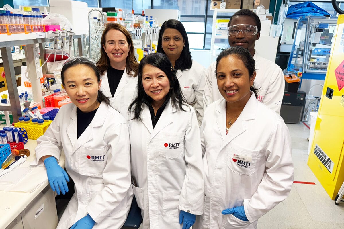 The RMIT research team developing new eye drop treatments: (front row, left to right) Dr Dao Nguyen, Associate Professor Tien Huynh, and Dr Thilini Thrimawithana; (back row, left to right) Professor Charlotte Conn, Dr Sampa Sarkar, and Christopher Olowosoke. Photo: Will Wright, RMIT University.