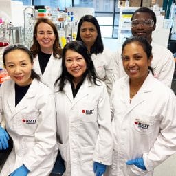 The RMIT research team developing new eye drop treatments: (front row, left to right) Dr Dao Nguyen, Associate Professor Tien Huynh, and Dr Thilini Thrimawithana; (back row, left to right) Professor Charlotte Conn, Dr Sampa Sarkar, and Christopher Olowosoke. Photo: Will Wright, RMIT University.