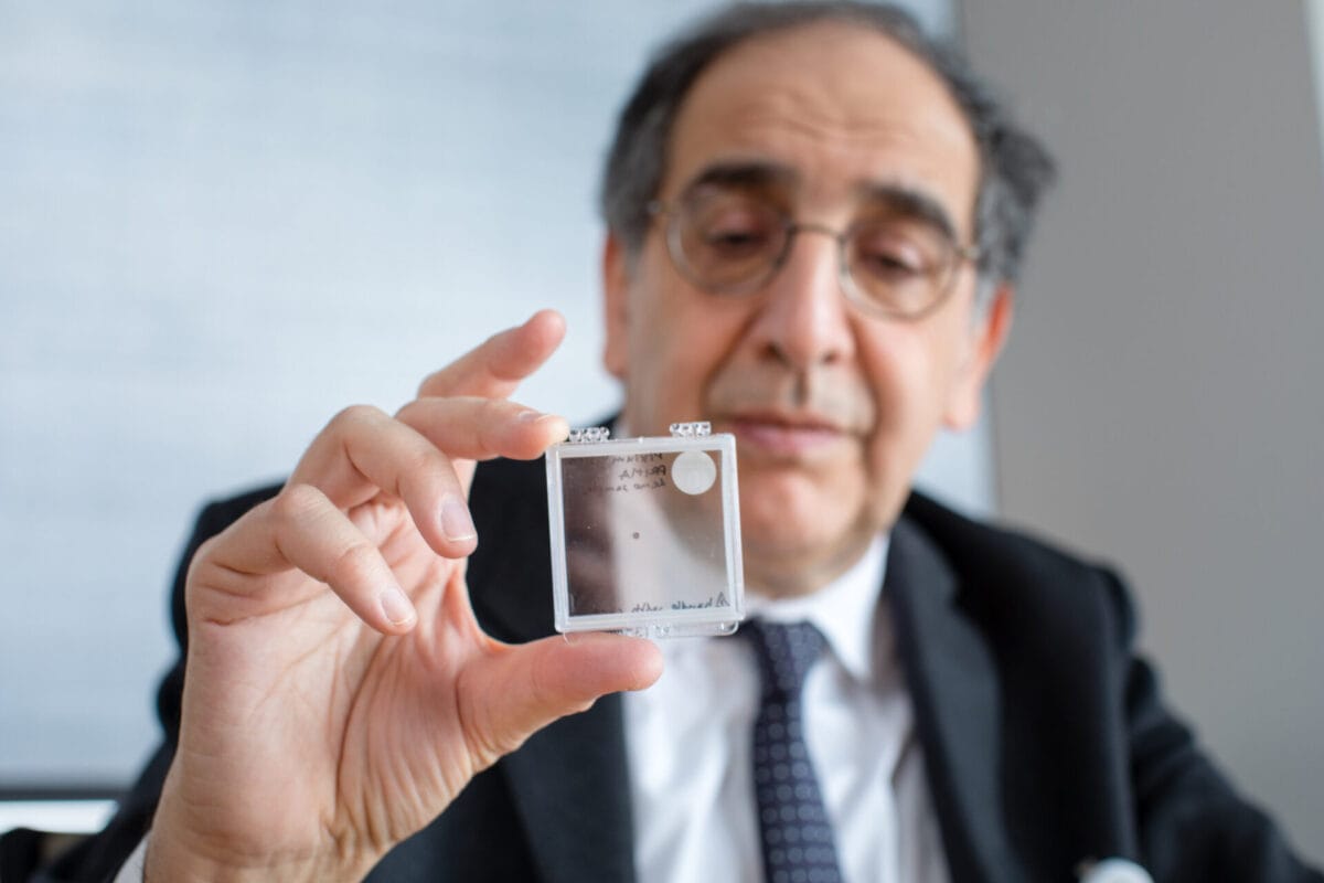 Professor José-Alain Sahel with the wireless retinal implant.