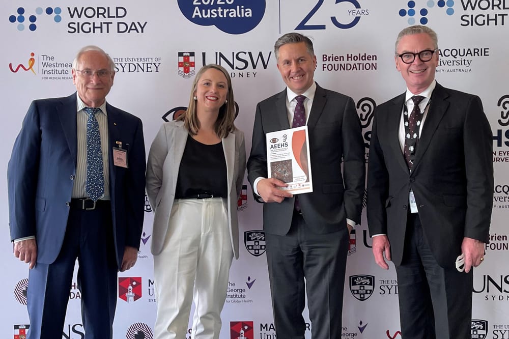 Launch of the AEEHS report - Prof Paul Mitchell - Director of the Centre For Vision Research at The Westmead Institute for Medical Research, Carly Iles, CEO of Vision 2020 Australia, The Minister for Health and Ageing, the Hon Mark Butler MP, and the Hon Christopher Pyne, Chair of Vision 2020 Australia.